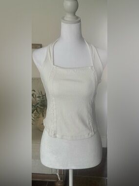 American Eagle White Ribbed Halter Crop Top | Open Back Summer Tank M Medium